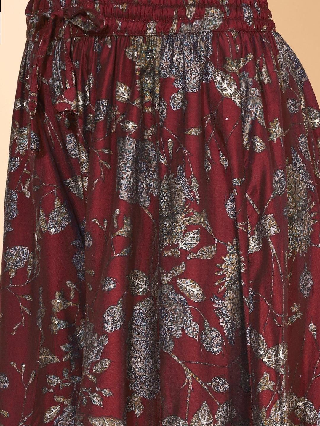 Floral Printed & Hand Embroidered A-Line Kurta with Palazzo - Maroon - Indiakreations