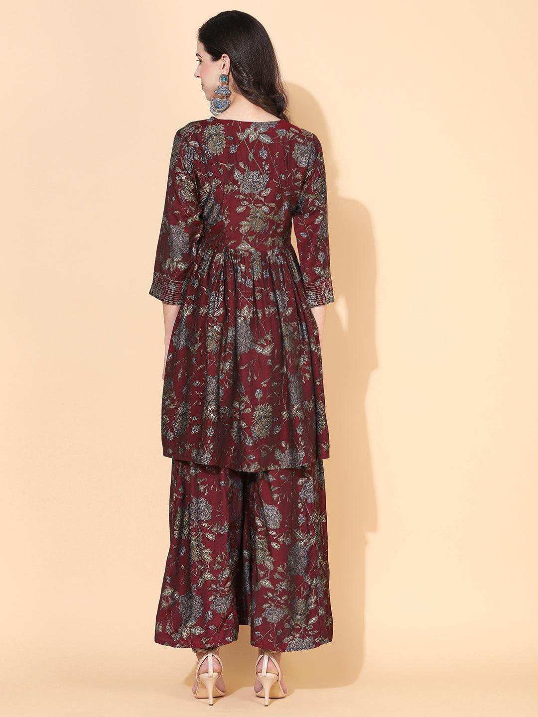 Floral Printed & Hand Embroidered A-Line Kurta with Palazzo - Maroon - Indiakreations