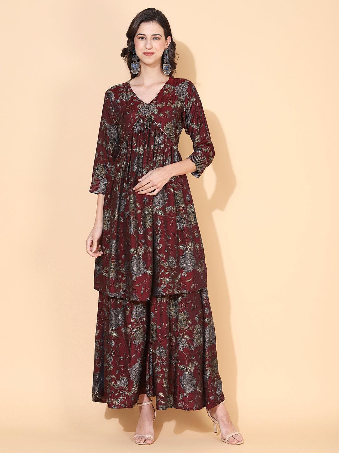 Floral Printed & Hand Embroidered A-Line Kurta with Palazzo - Maroon - Indiakreations