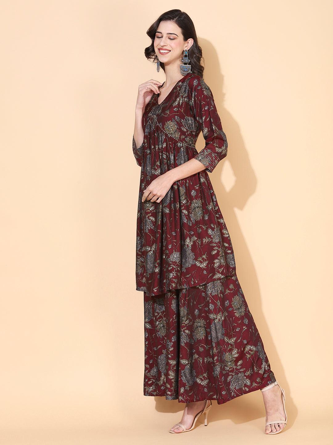 Floral Printed & Hand Embroidered A-Line Kurta with Palazzo - Maroon - Indiakreations