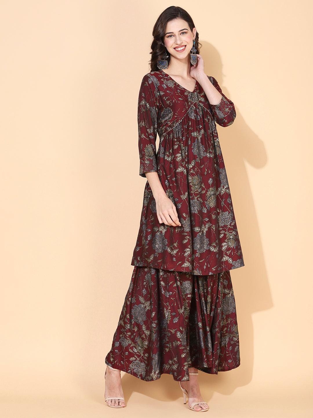 Floral Printed & Hand Embroidered A-Line Kurta with Palazzo - Maroon - Indiakreations