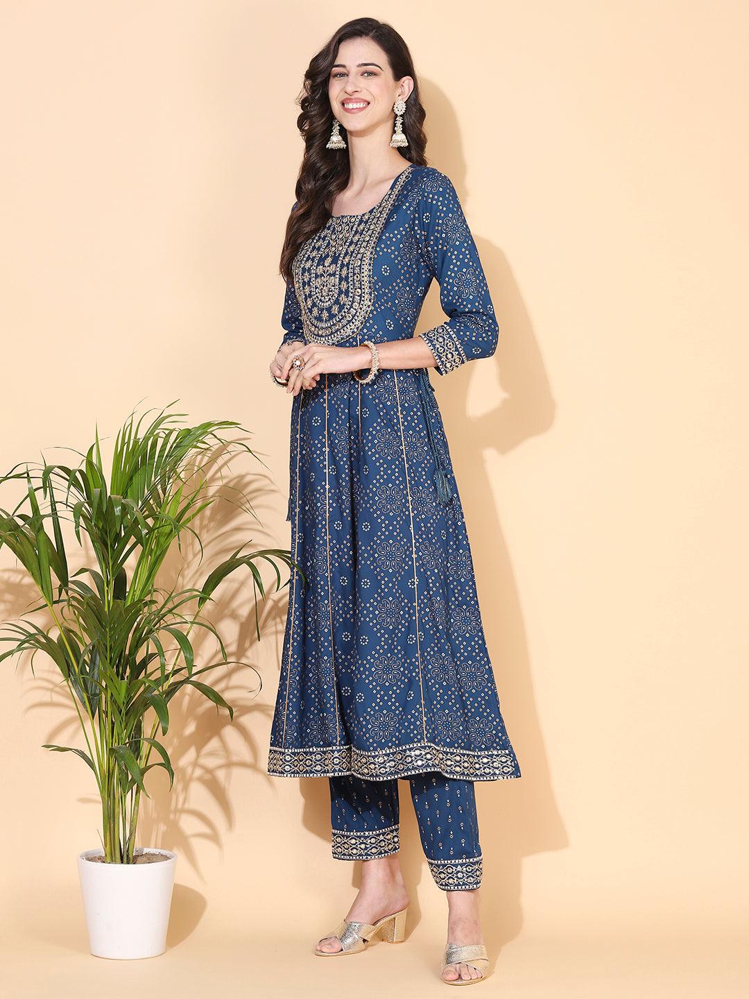 Bandhani Printed & Embroidered Anarkali Kurta with Pant - Blue - Indiakreations