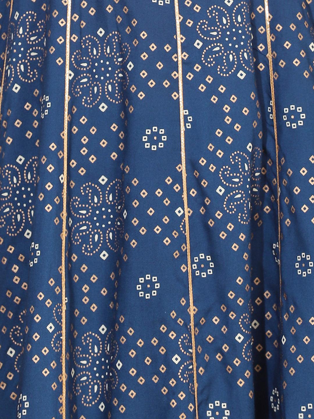 Bandhani Printed & Embroidered Anarkali Kurta with Pant - Blue - Indiakreations