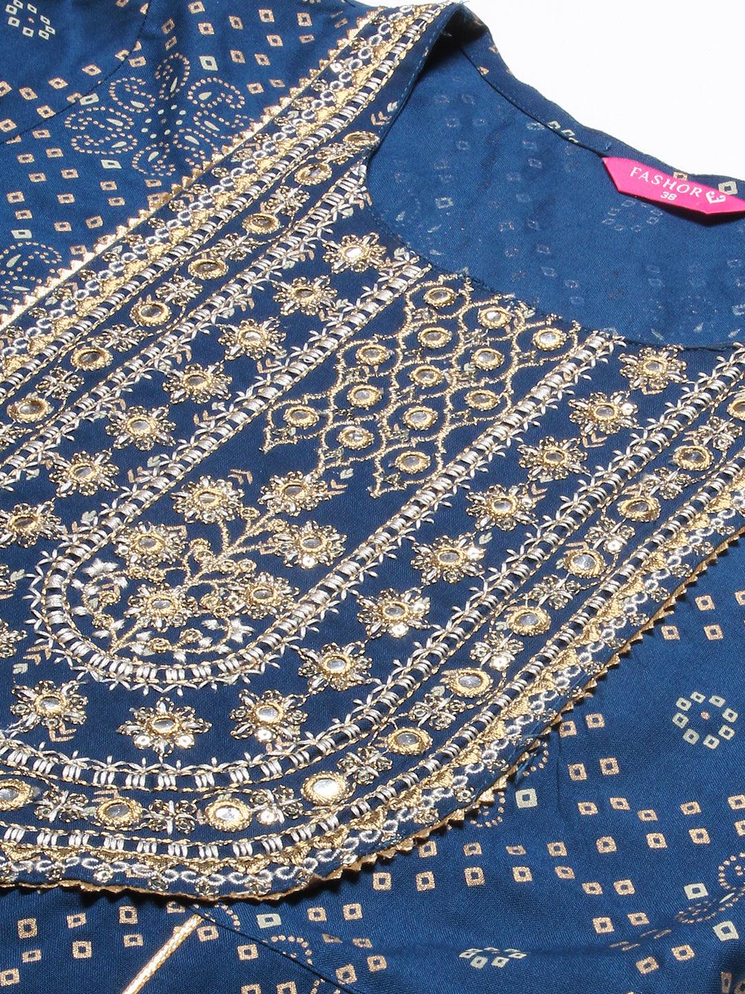 Bandhani Printed & Embroidered Anarkali Kurta with Pant - Blue - Indiakreations