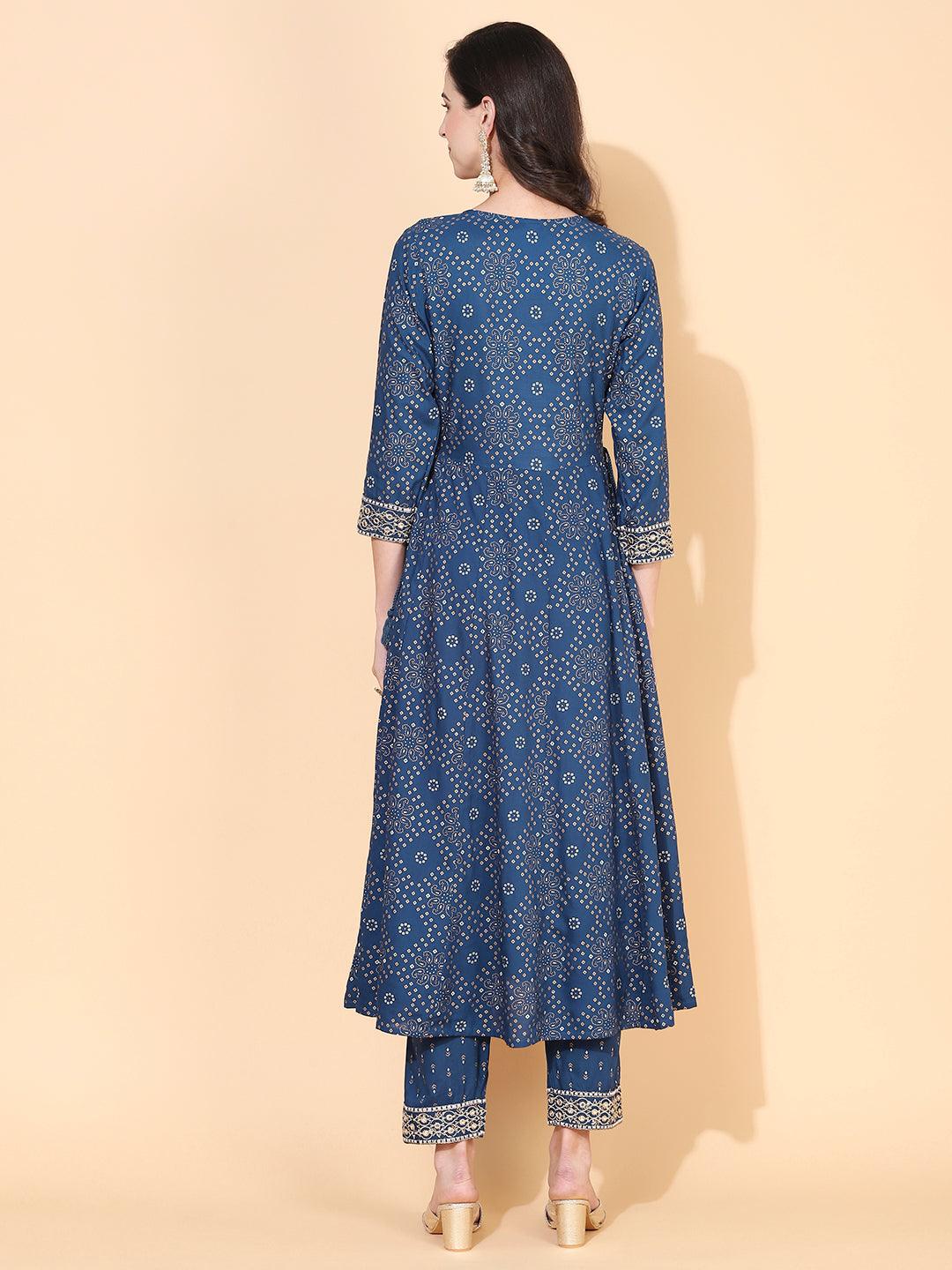 Bandhani Printed & Embroidered Anarkali Kurta with Pant - Blue - Indiakreations