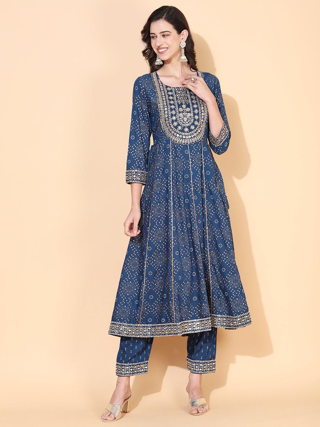 Bandhani Printed & Embroidered Anarkali Kurta with Pant - Blue - Indiakreations