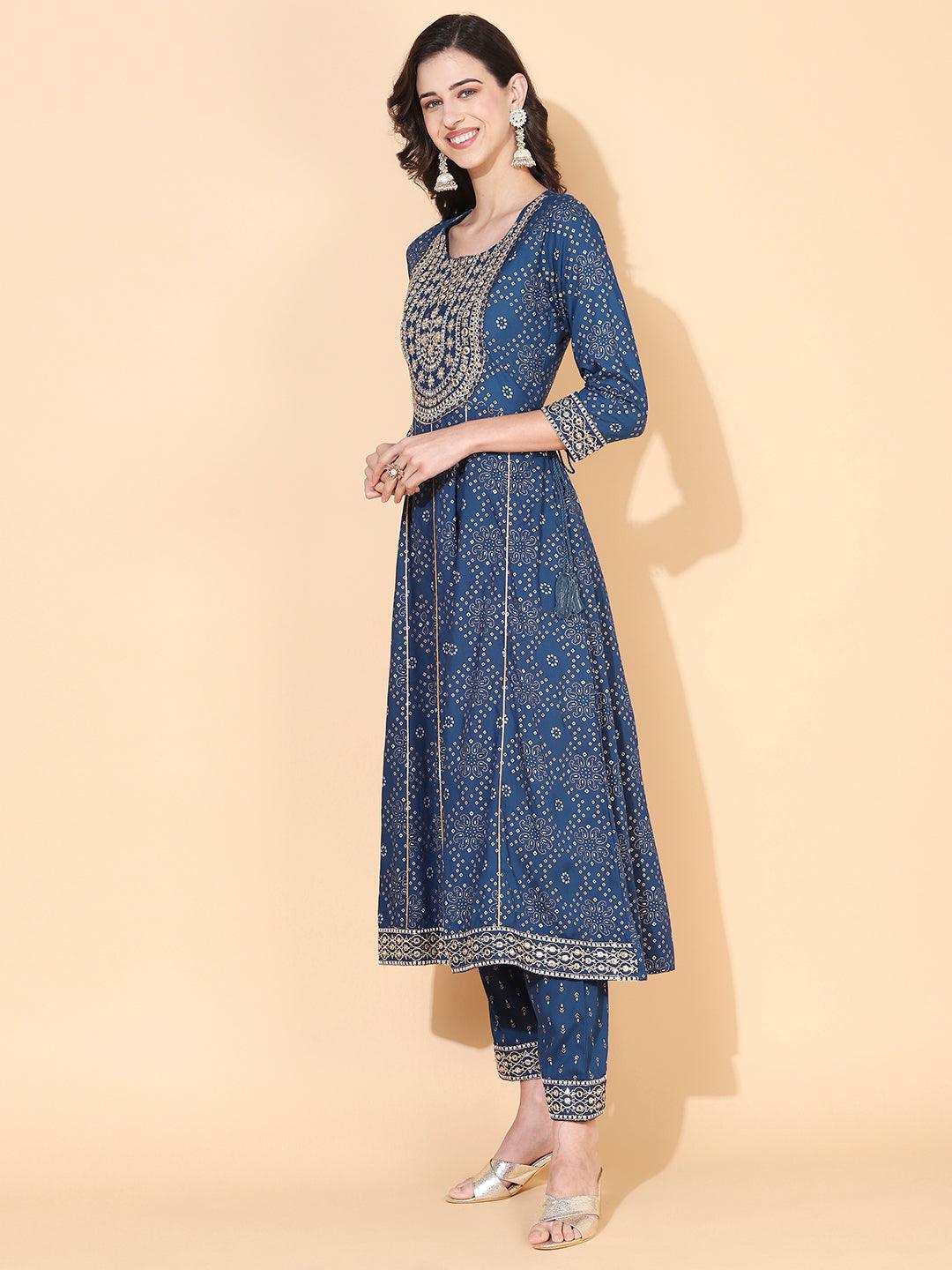 Bandhani Printed & Embroidered Anarkali Kurta with Pant - Blue - Indiakreations