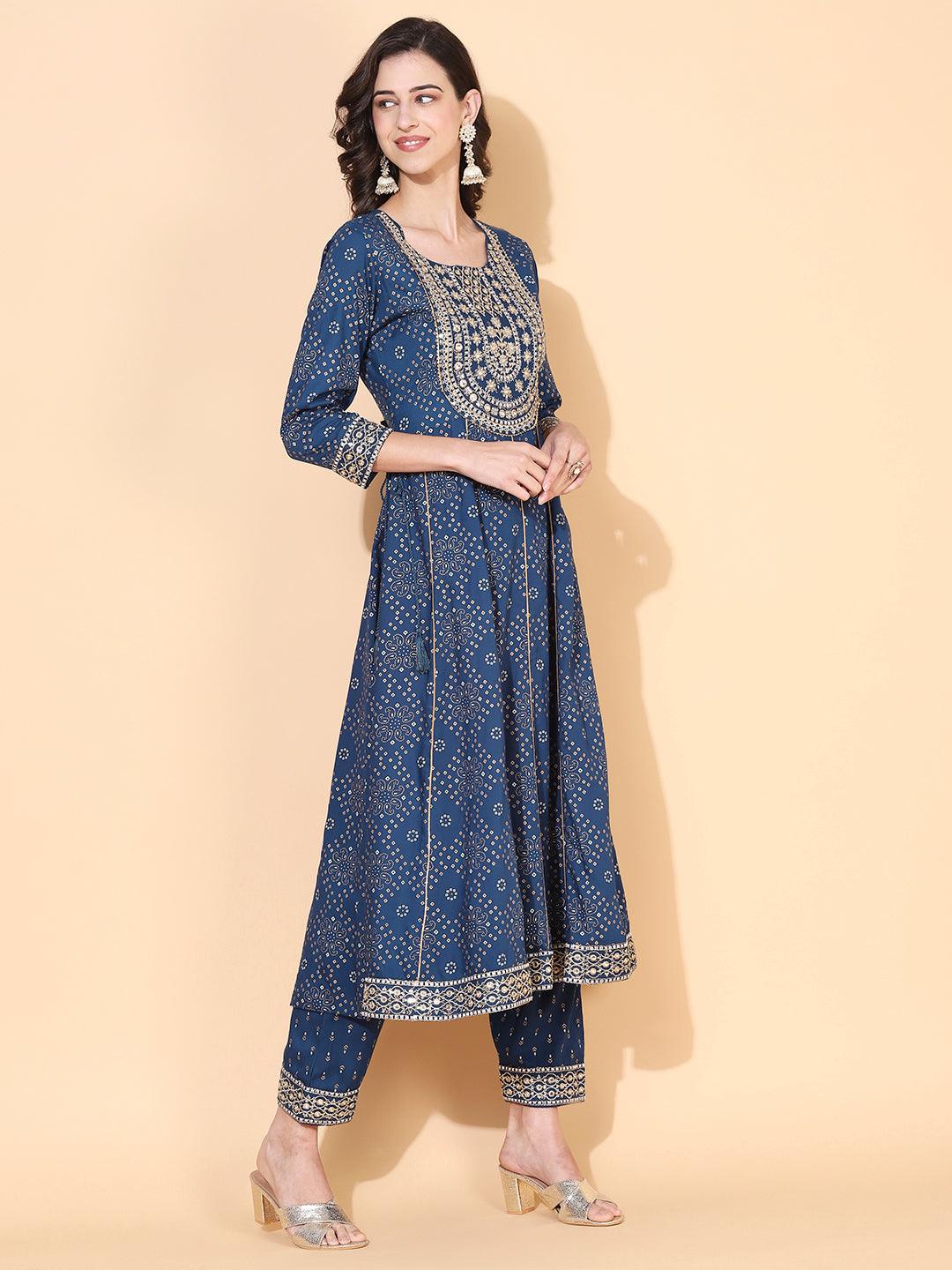 Bandhani Printed & Embroidered Anarkali Kurta with Pant - Blue - Indiakreations