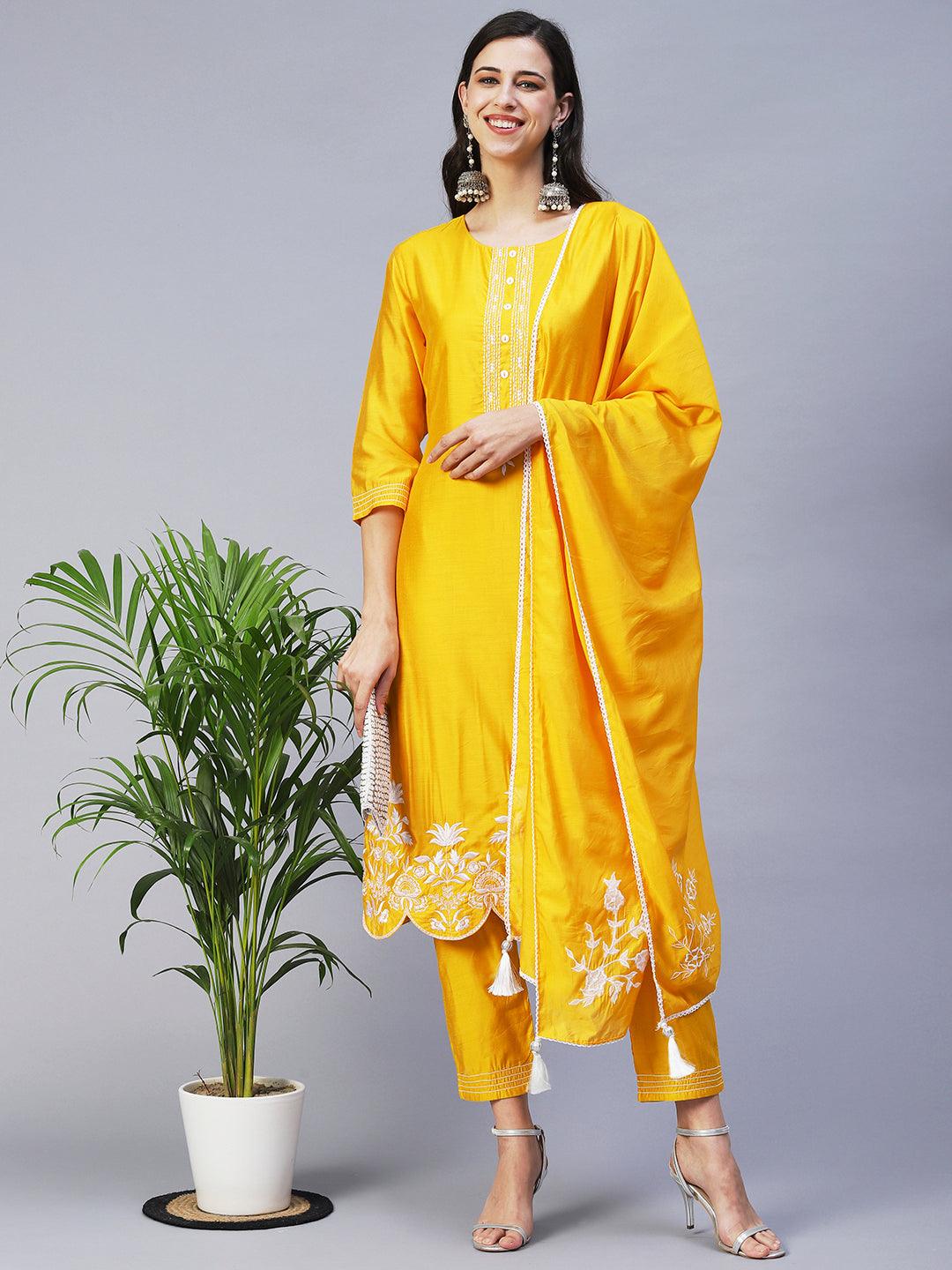 Solid Floral Embroidered Straight Fit Kurta with Pant & Dupatta - Yellow - Indiakreations