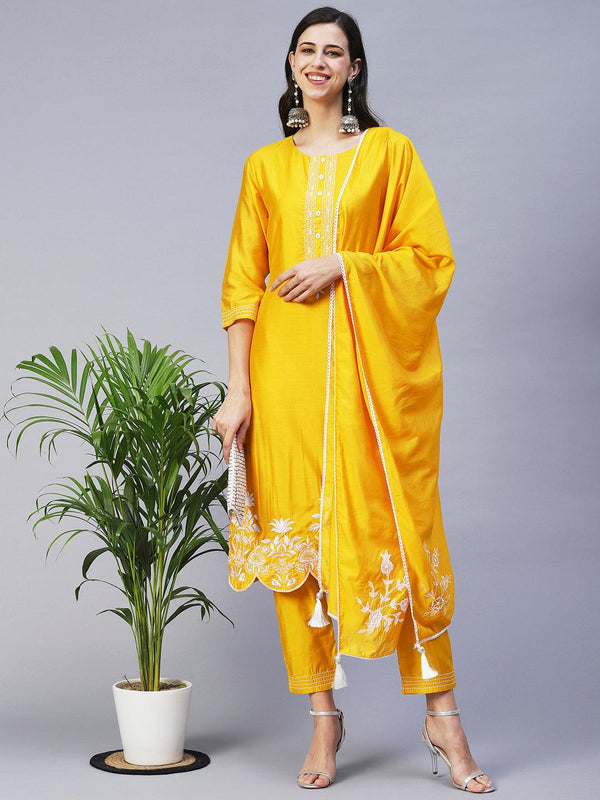 Solid Floral Embroidered Straight Fit Kurta with Pant & Dupatta - Yellow - Indiakreations