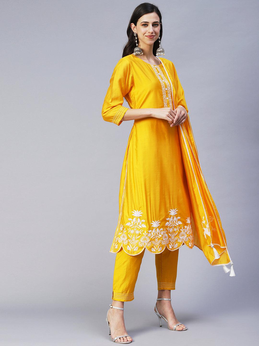 Solid Floral Embroidered Straight Fit Kurta with Pant & Dupatta - Yellow - Indiakreations