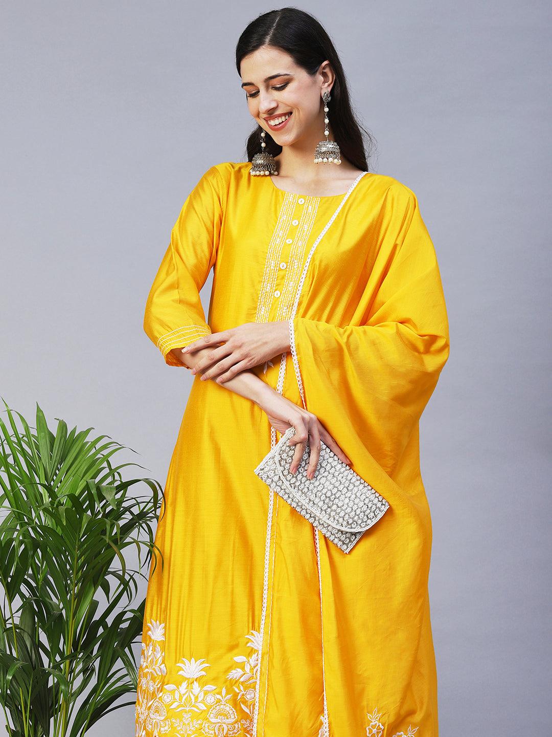 Solid Floral Embroidered Straight Fit Kurta with Pant & Dupatta - Yellow - Indiakreations