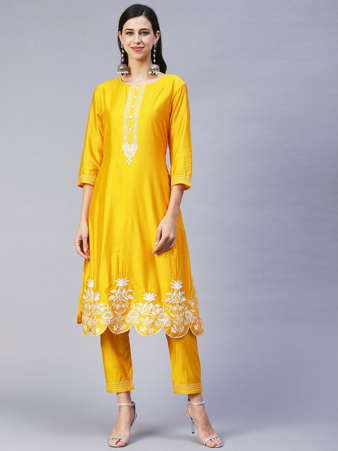 Solid Floral Embroidered Straight Fit Kurta with Pant & Dupatta - Yellow - Indiakreations