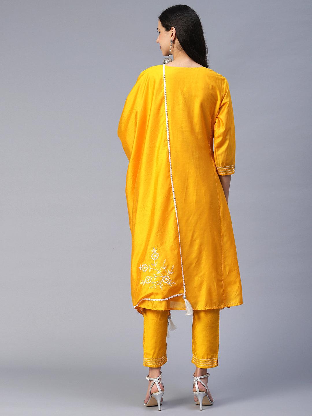 Solid Floral Embroidered Straight Fit Kurta with Pant & Dupatta - Yellow - Indiakreations