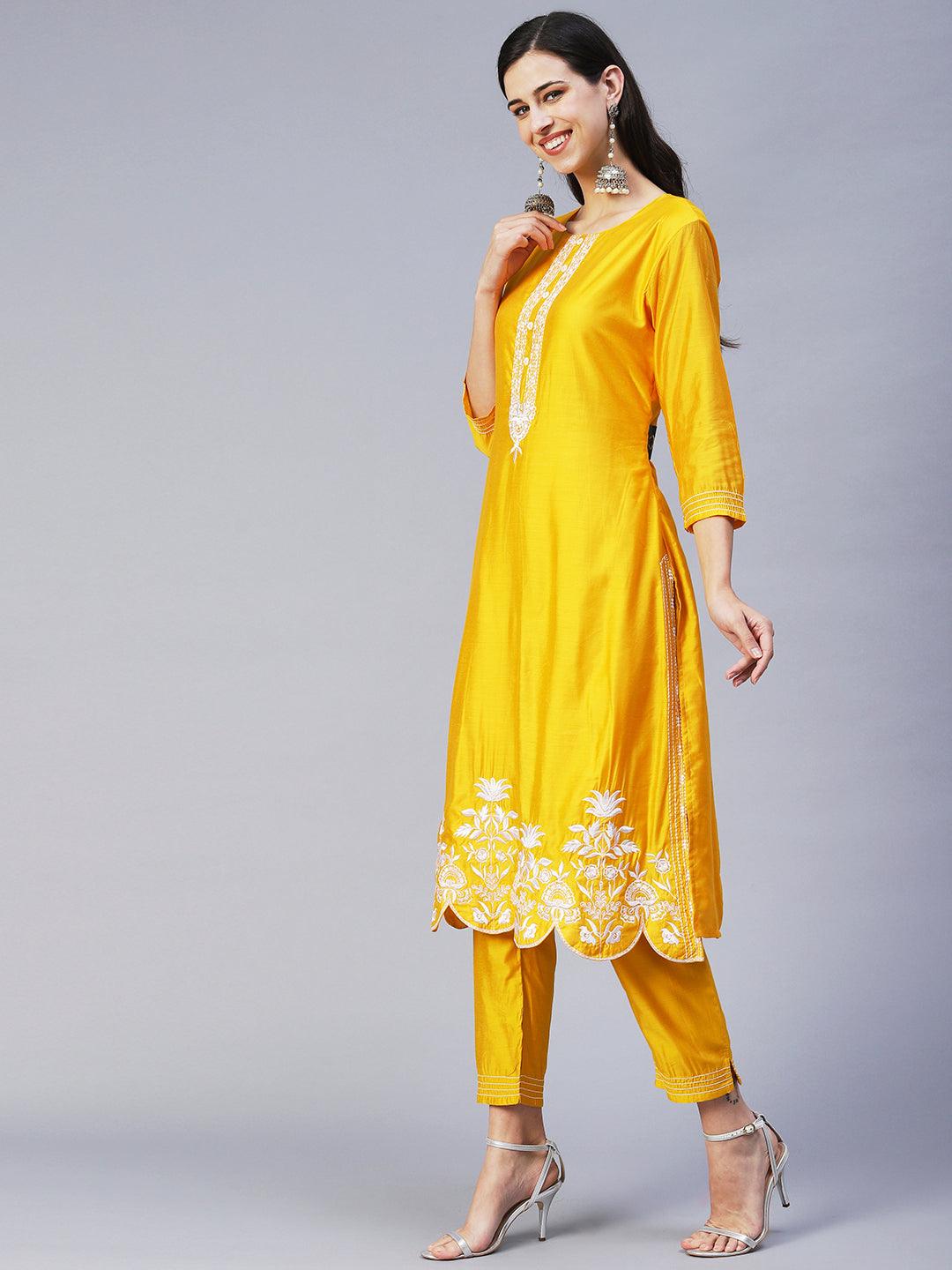 Solid Floral Embroidered Straight Fit Kurta with Pant & Dupatta - Yellow - Indiakreations