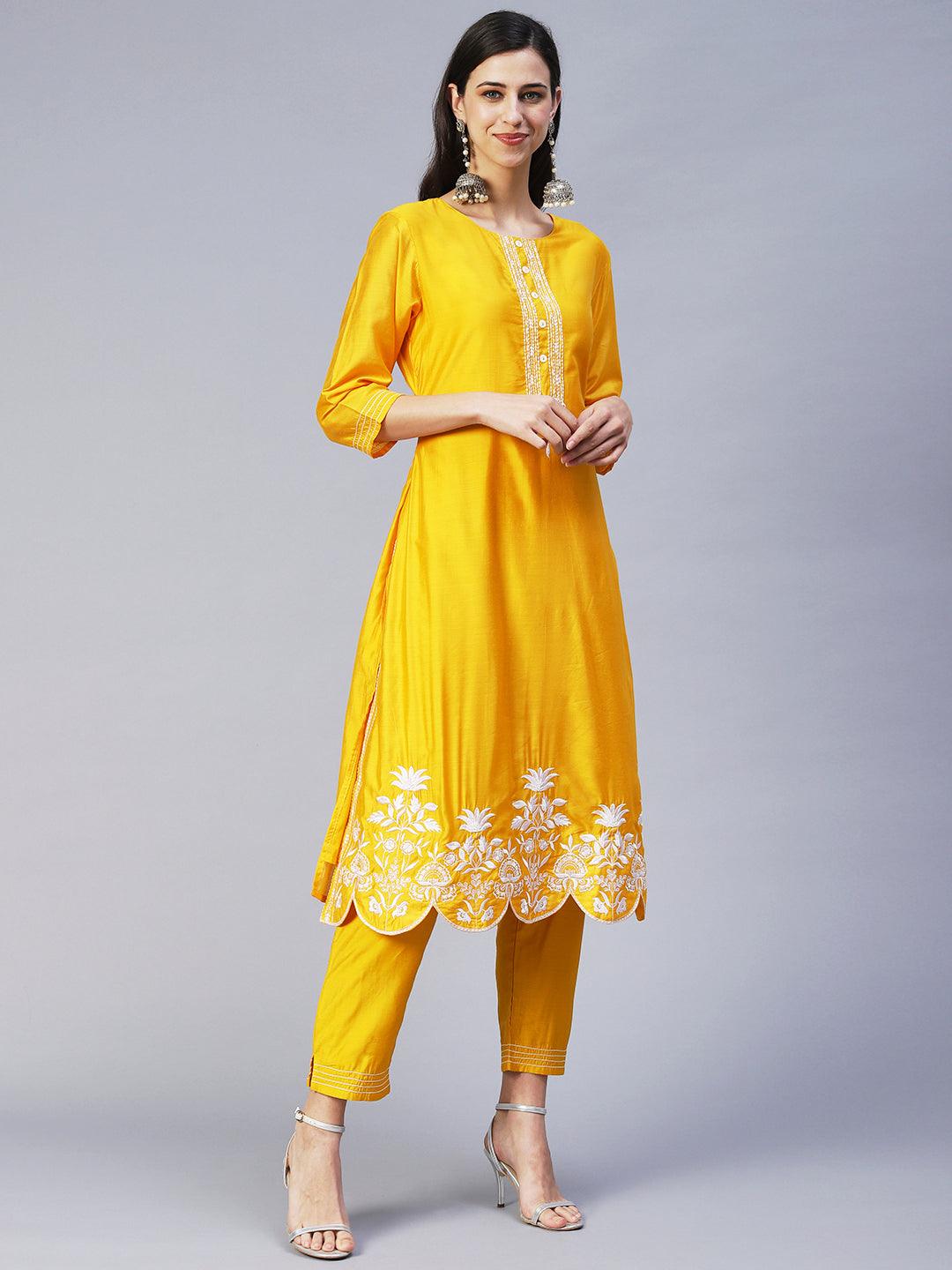 Solid Floral Embroidered Straight Fit Kurta with Pant & Dupatta - Yellow - Indiakreations