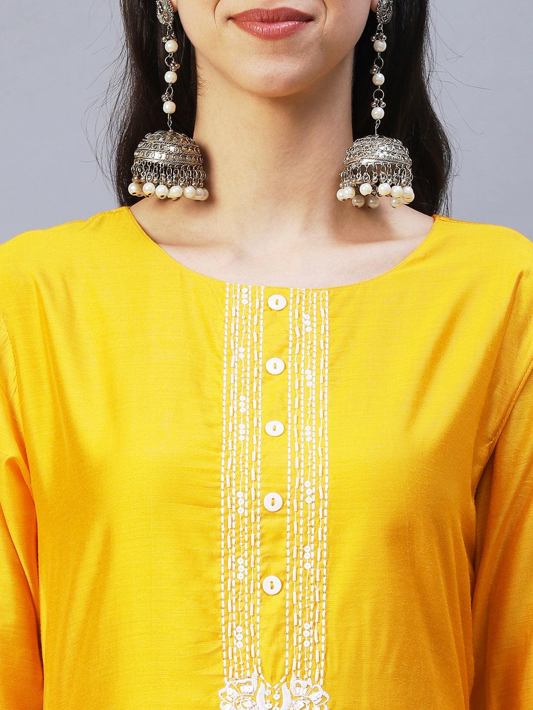 Solid Floral Embroidered Straight Fit Kurta with Pant & Dupatta - Yellow - Indiakreations