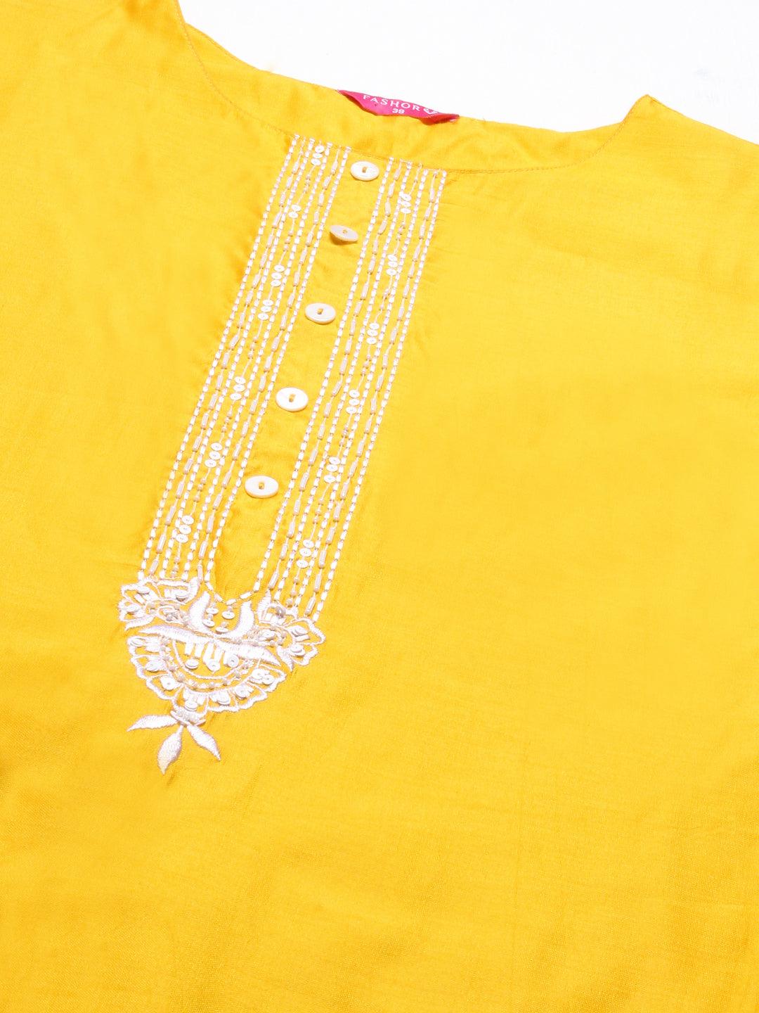 Solid Floral Embroidered Straight Fit Kurta with Pant & Dupatta - Yellow - Indiakreations