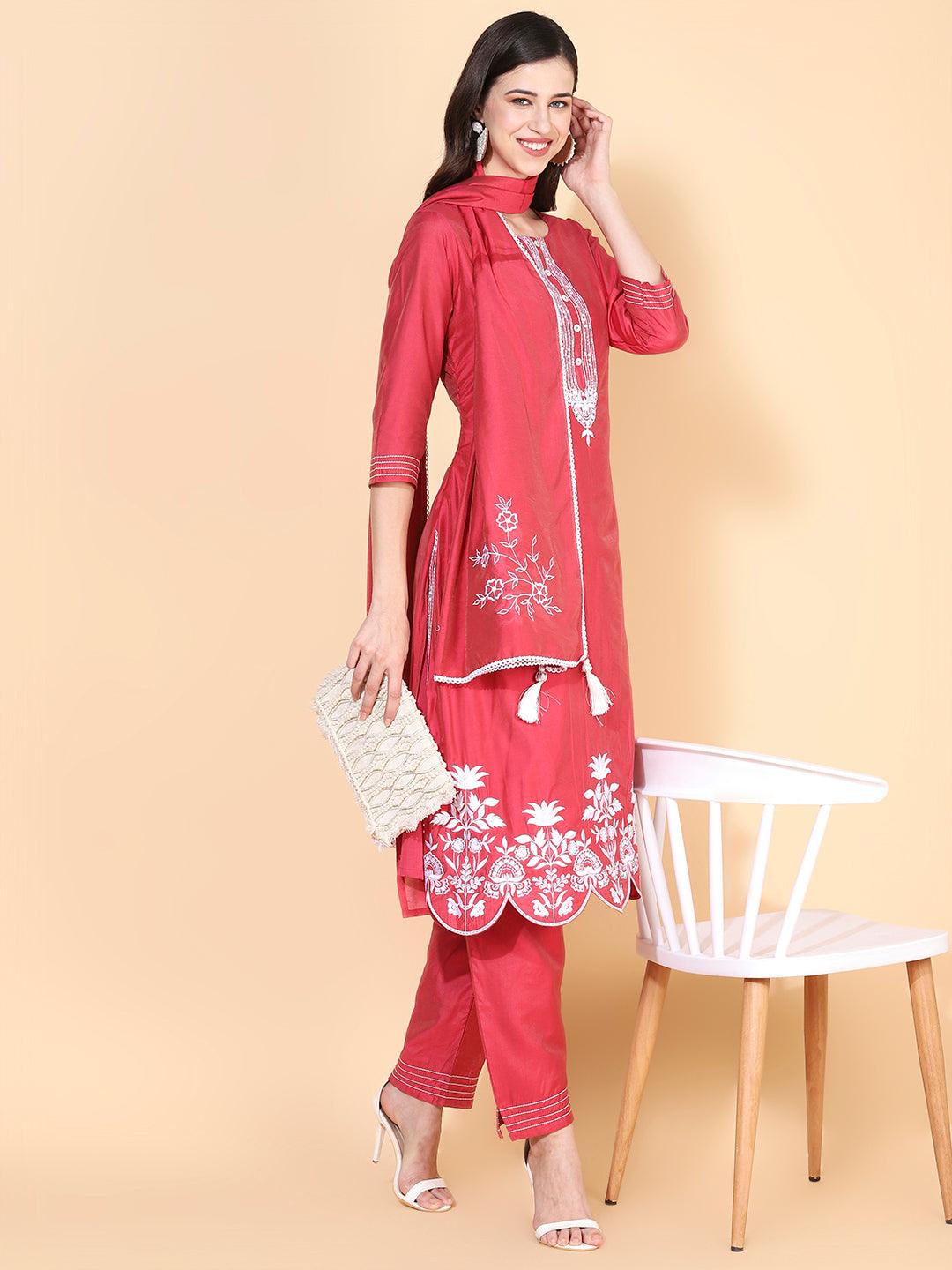 Solid Floral Embroidered Straight Kurta with Pant & Dupatta - Indiakreations