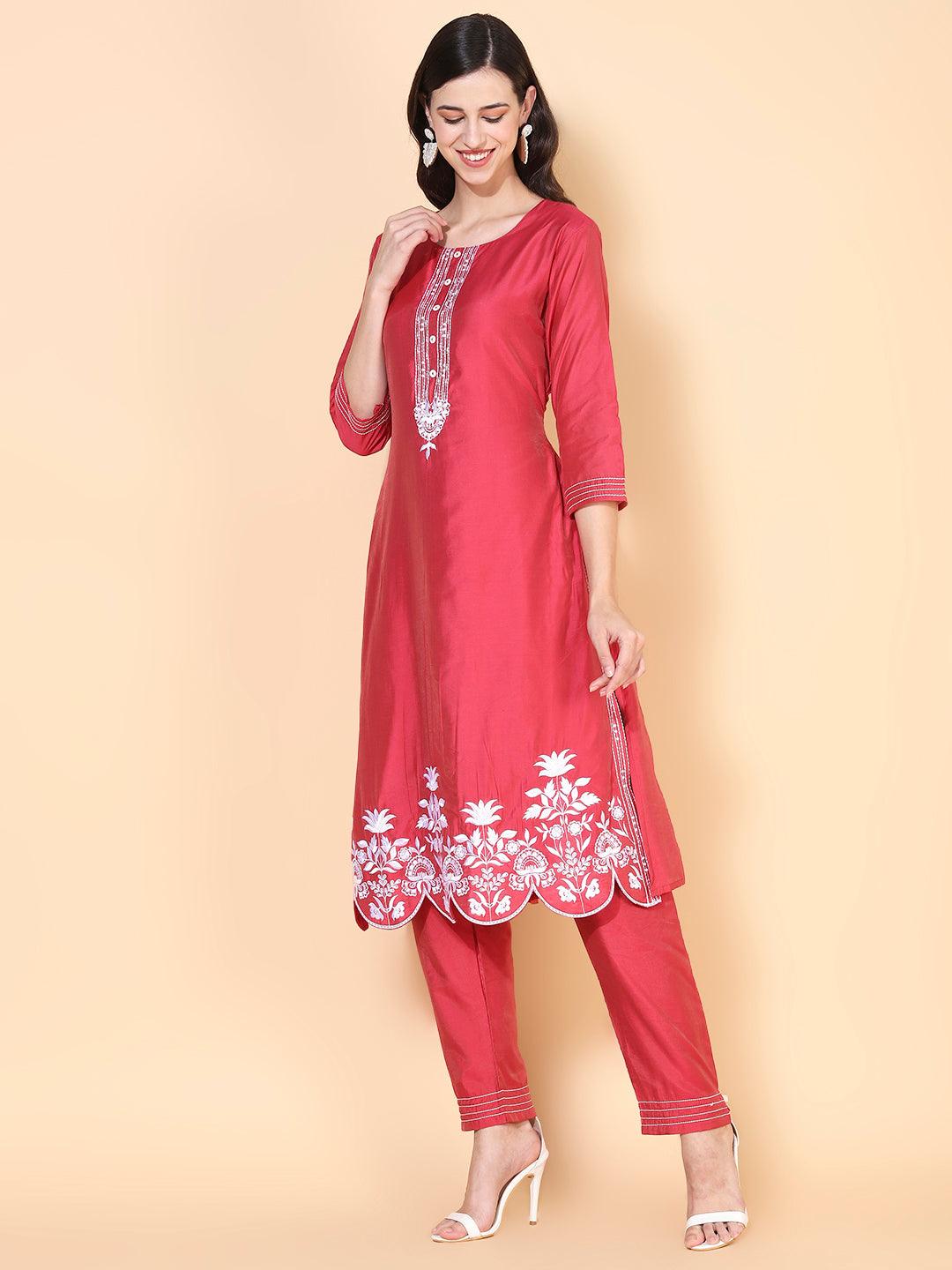 Solid Floral Embroidered Straight Kurta with Pant & Dupatta - Indiakreations