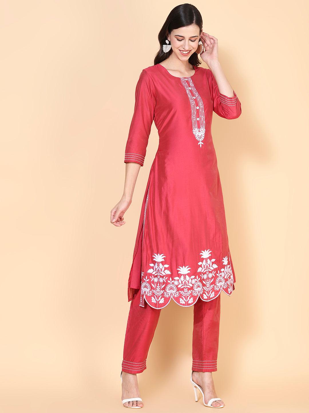 Solid Floral Embroidered Straight Kurta with Pant & Dupatta - Indiakreations