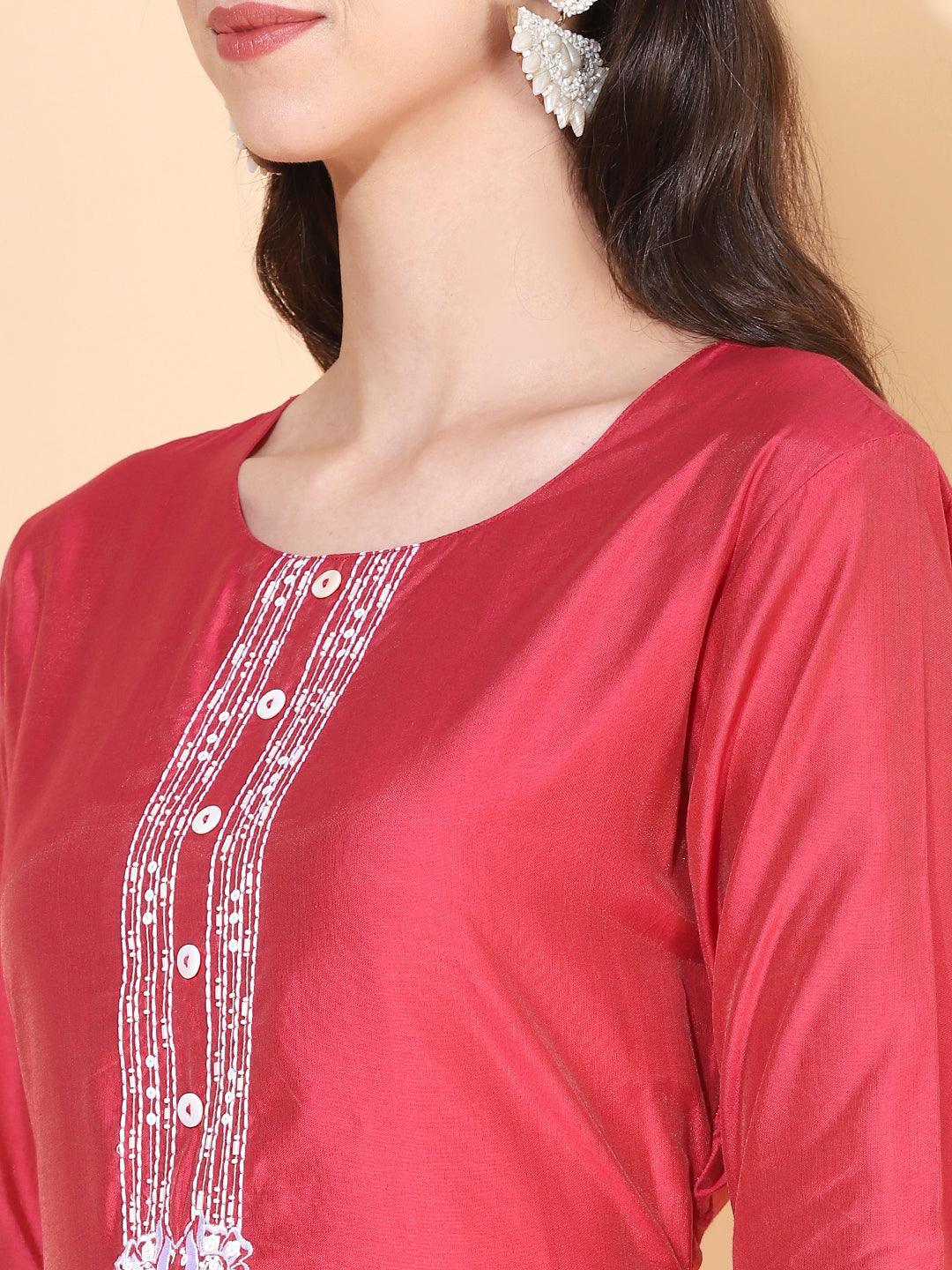 Solid Floral Embroidered Straight Kurta with Pant & Dupatta - Indiakreations