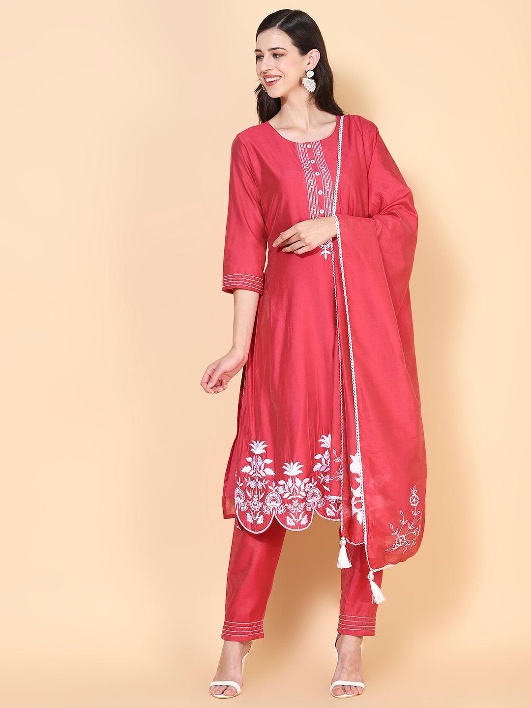 Solid Floral Embroidered Straight Kurta with Pant & Dupatta - Indiakreations