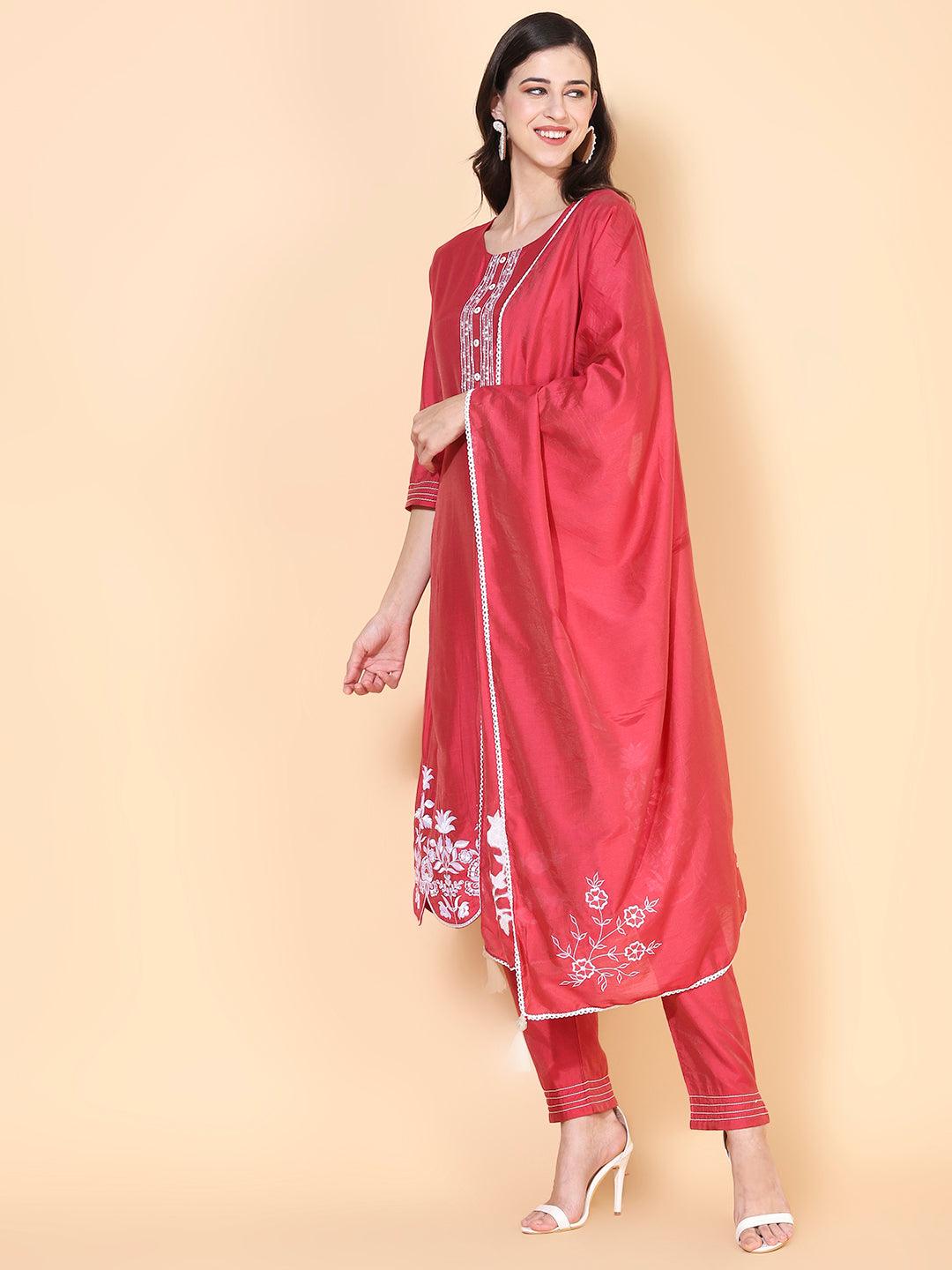 Solid Floral Embroidered Straight Kurta with Pant & Dupatta - Indiakreations