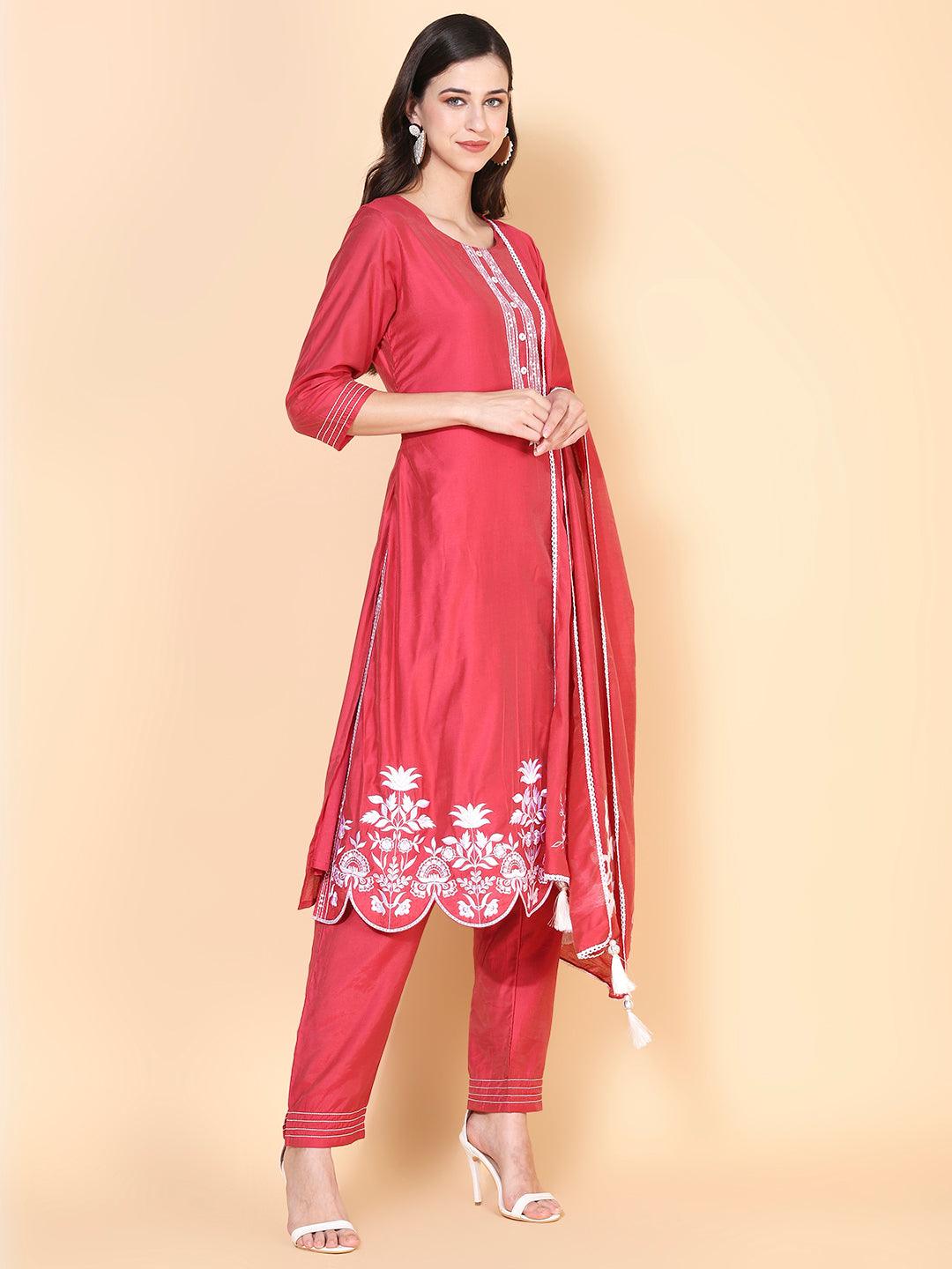 Solid Floral Embroidered Straight Kurta with Pant & Dupatta - Indiakreations