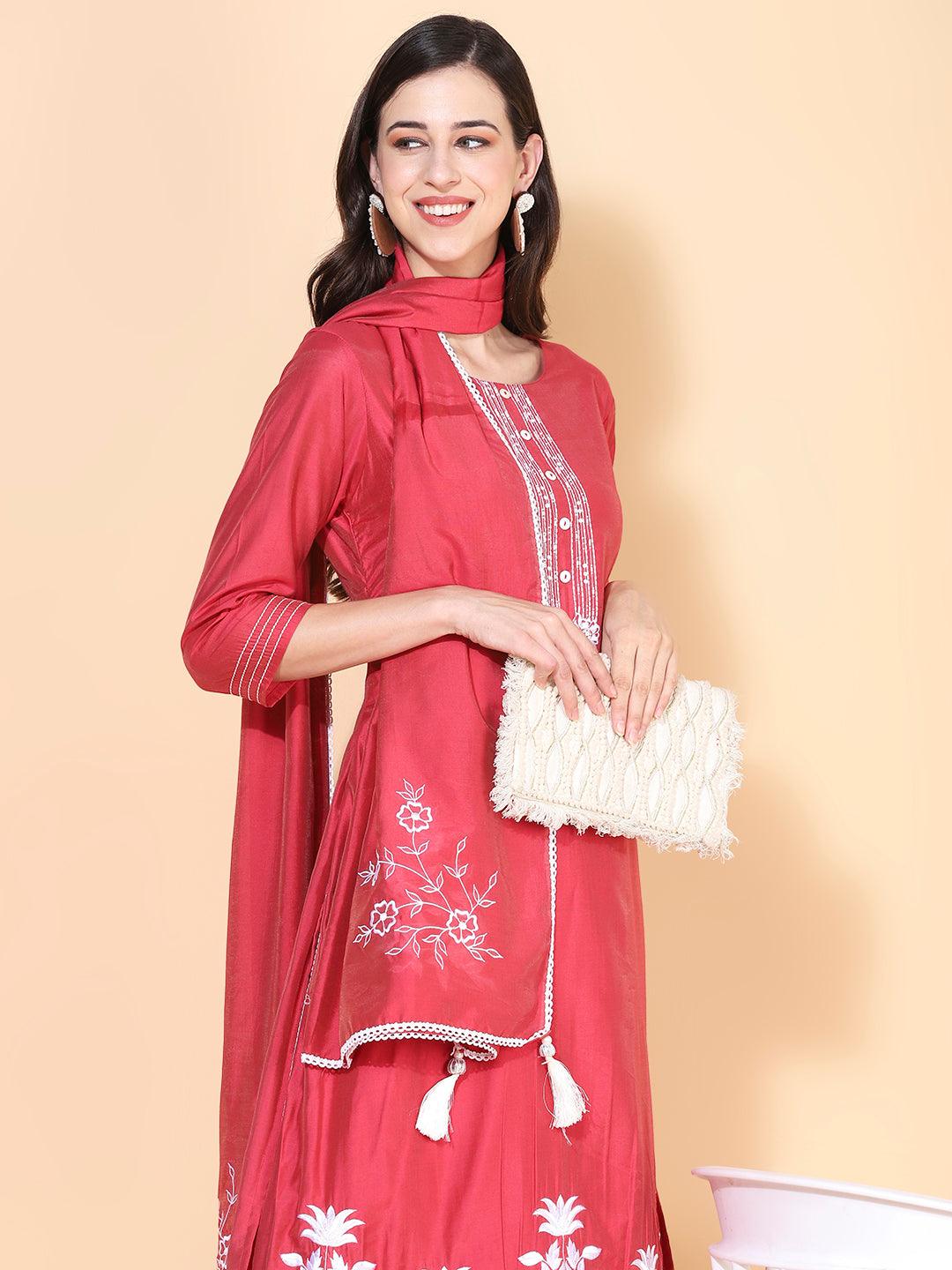 Solid Floral Embroidered Straight Kurta with Pant & Dupatta - Indiakreations