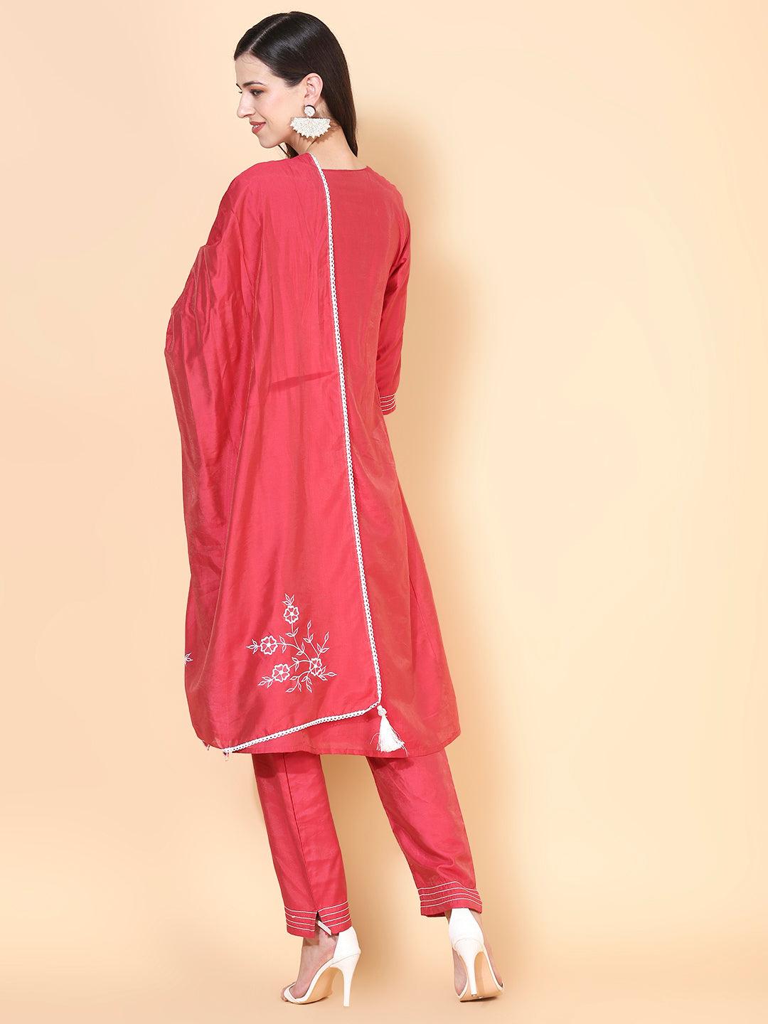 Solid Floral Embroidered Straight Kurta with Pant & Dupatta - Indiakreations