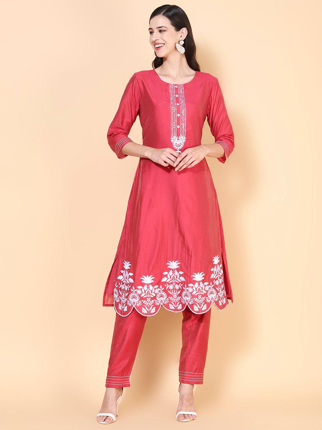 Solid Floral Embroidered Straight Kurta with Pant & Dupatta - Indiakreations