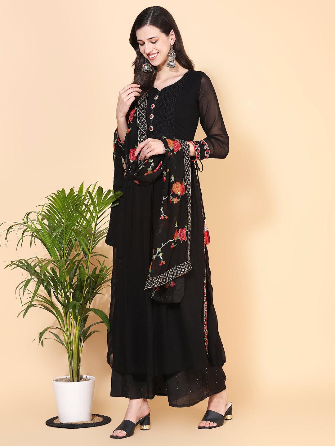 Solid Ethnic Embroidered A-Line Kurta with Palazzo & Dupatta - Black - Indiakreations