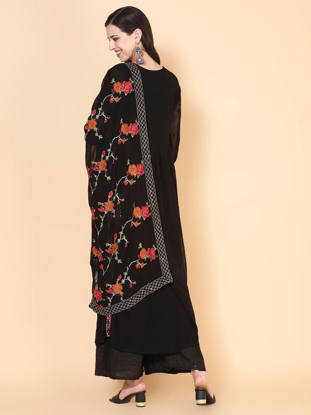 Solid Ethnic Embroidered A-Line Kurta with Palazzo & Dupatta - Black - Indiakreations