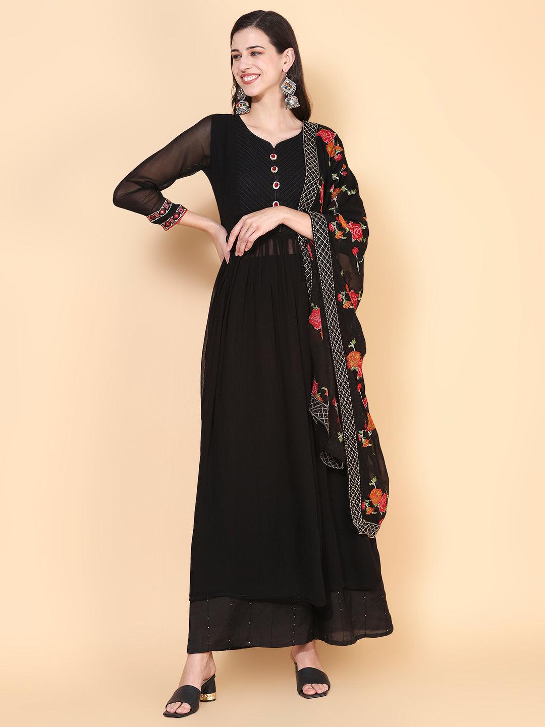 Solid Ethnic Embroidered A-Line Kurta with Palazzo & Dupatta - Black - Indiakreations