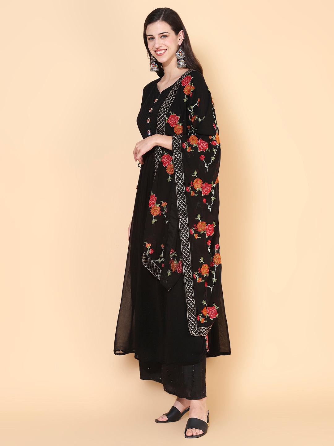 Solid Ethnic Embroidered A-Line Kurta with Palazzo & Dupatta - Black - Indiakreations