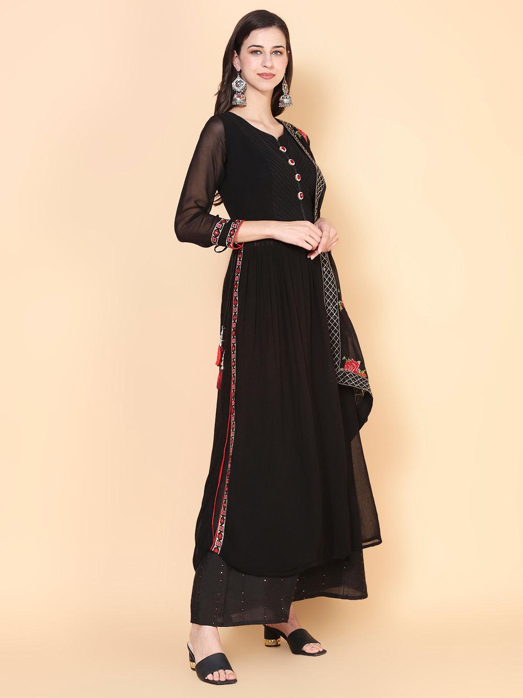 Solid Ethnic Embroidered A-Line Kurta with Palazzo & Dupatta - Black - Indiakreations