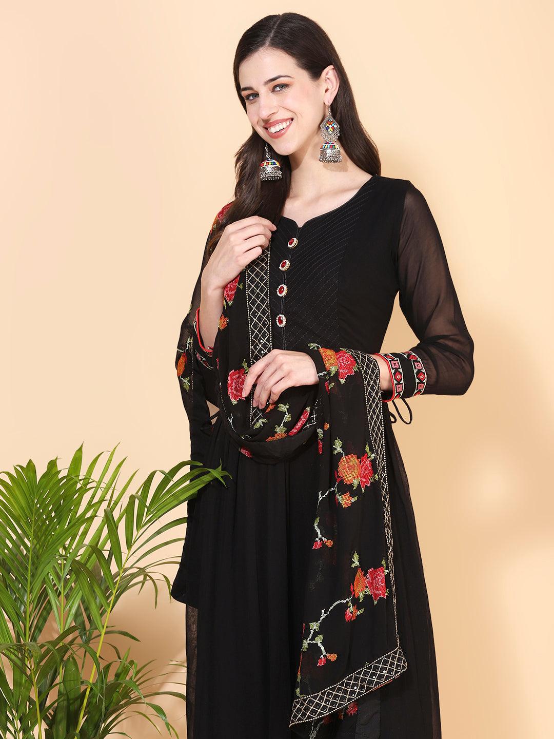 Solid Ethnic Embroidered A-Line Kurta with Palazzo & Dupatta - Black - Indiakreations