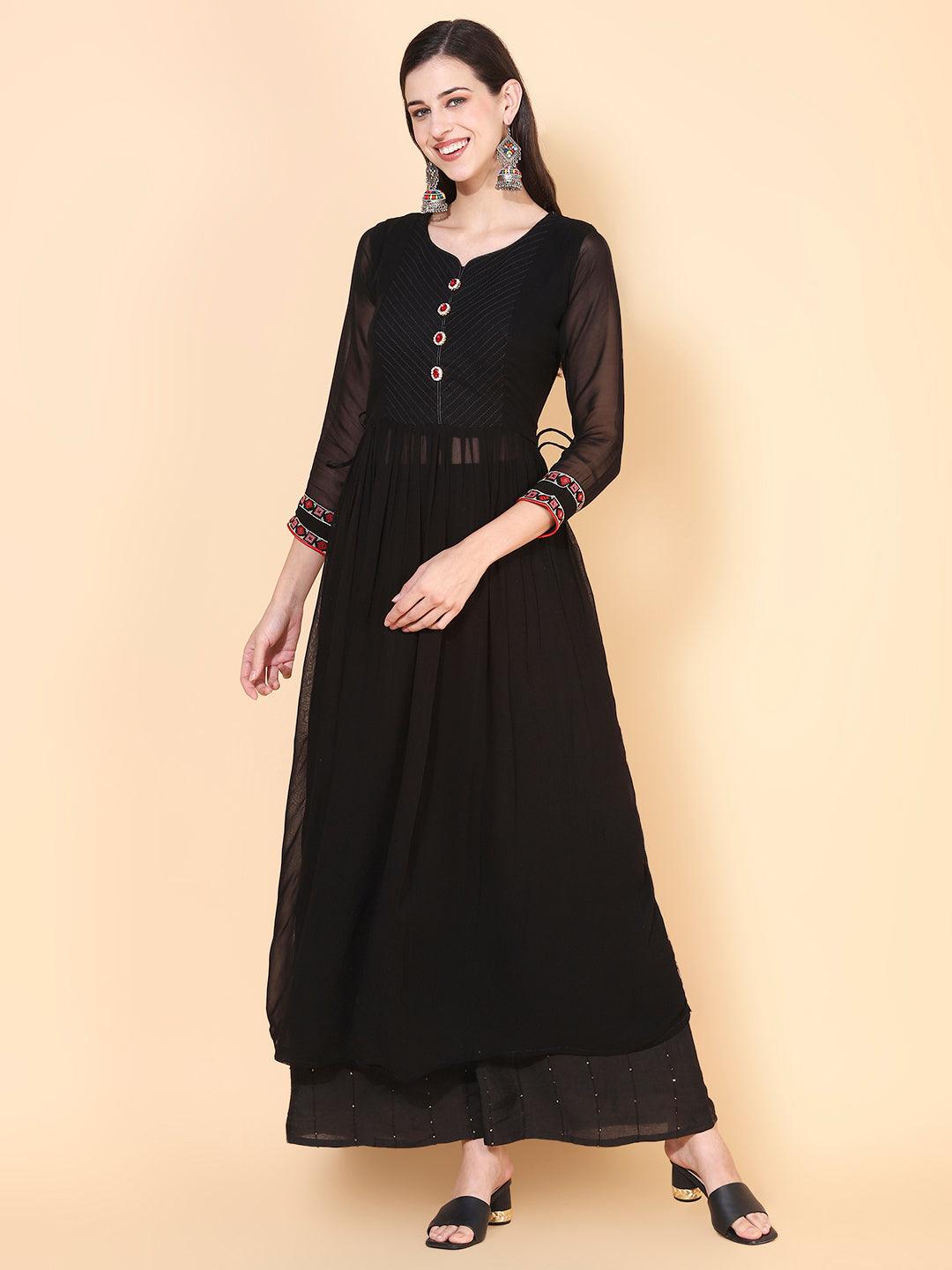 Solid Ethnic Embroidered A-Line Kurta with Palazzo & Dupatta - Black - Indiakreations