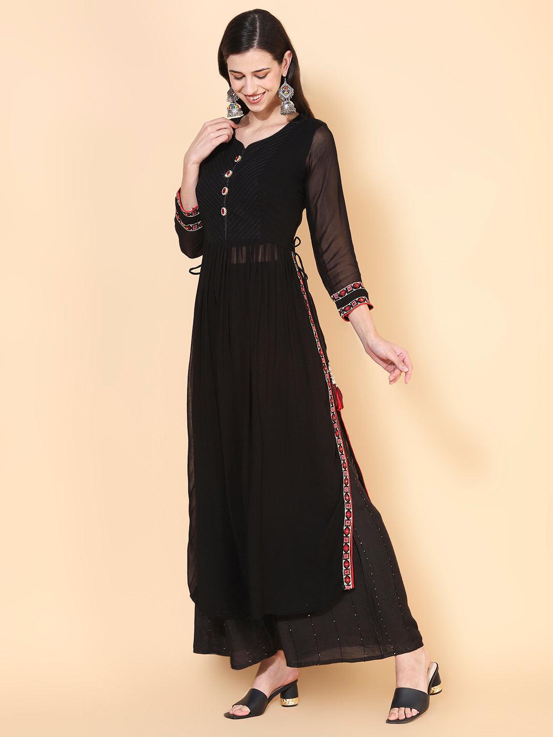 Solid Ethnic Embroidered A-Line Kurta with Palazzo & Dupatta - Black - Indiakreations