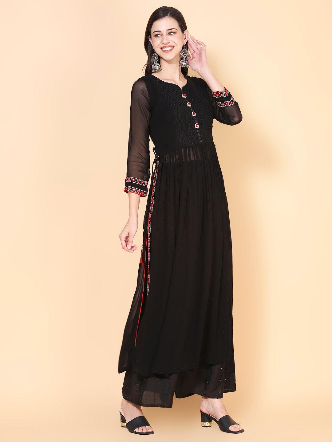 Solid Ethnic Embroidered A-Line Kurta with Palazzo & Dupatta - Black - Indiakreations