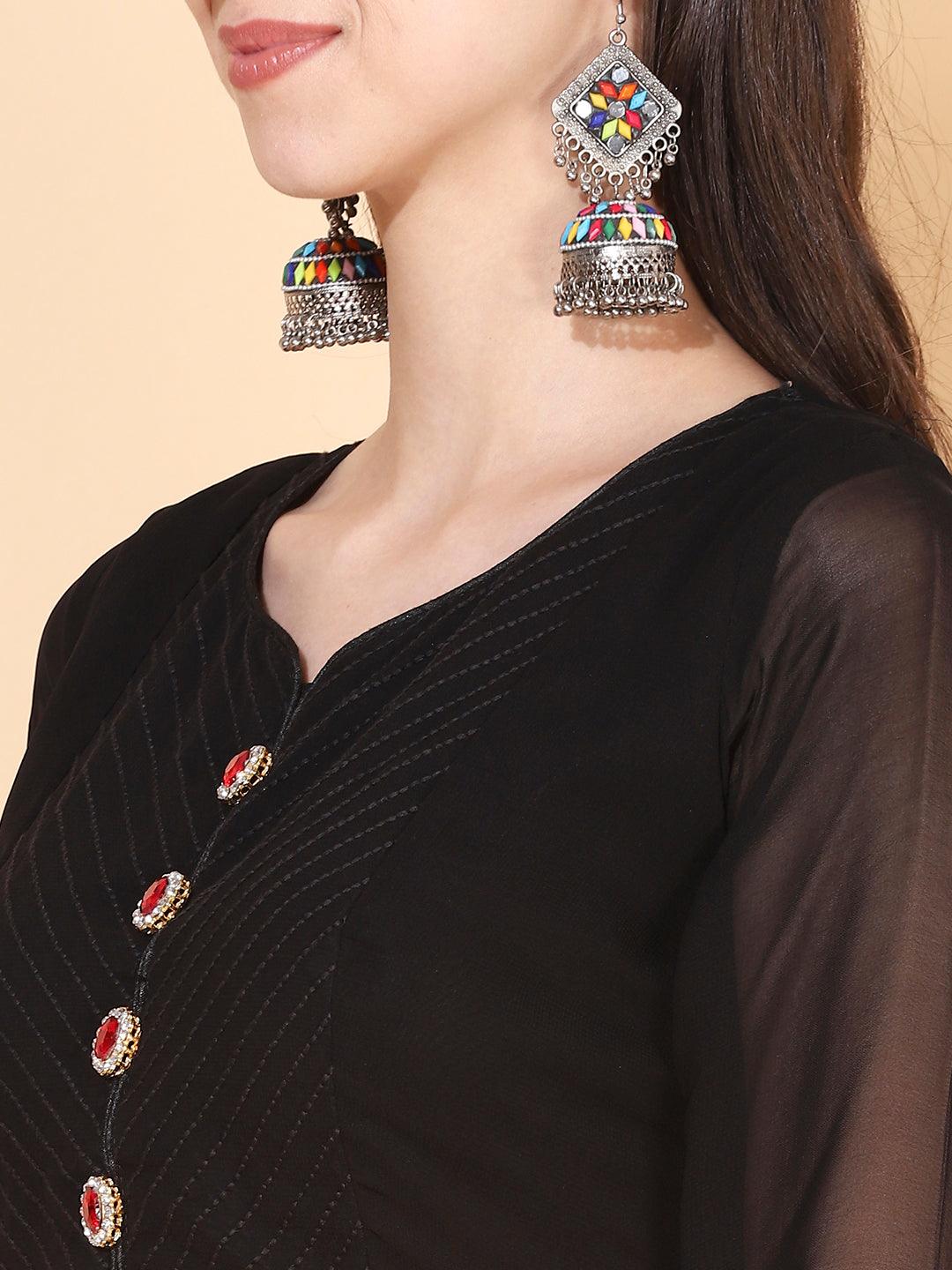 Solid Ethnic Embroidered A-Line Kurta with Palazzo & Dupatta - Black - Indiakreations