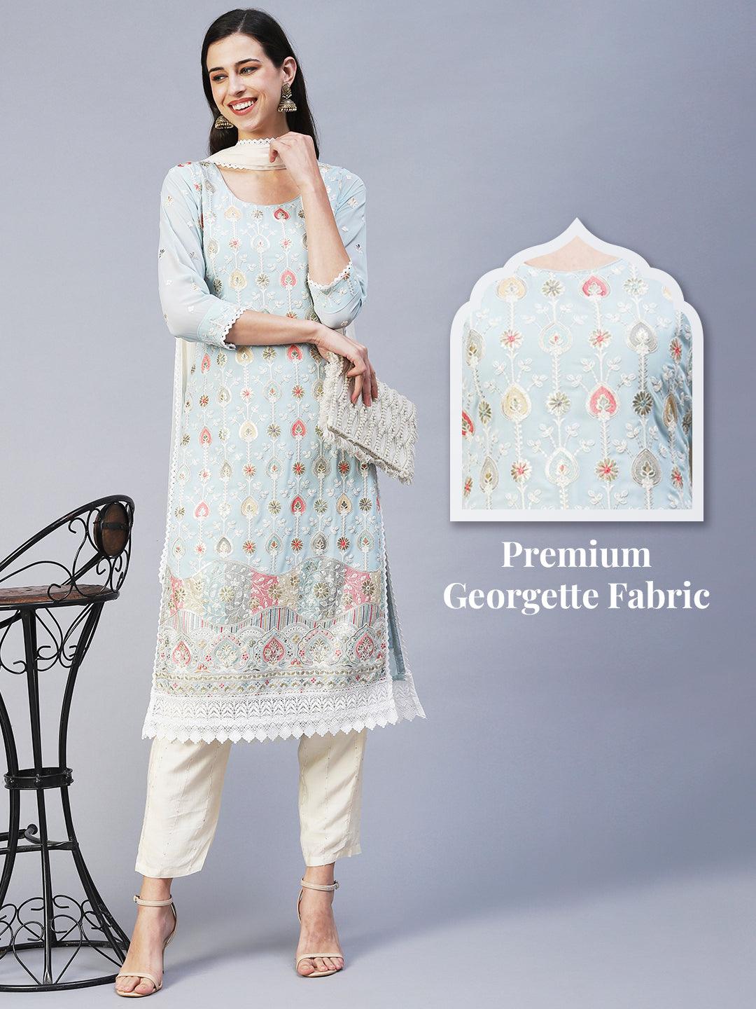 Floral Embroidered Straight Fit Kurta with Pant & Dupatta - Blue - Indiakreations