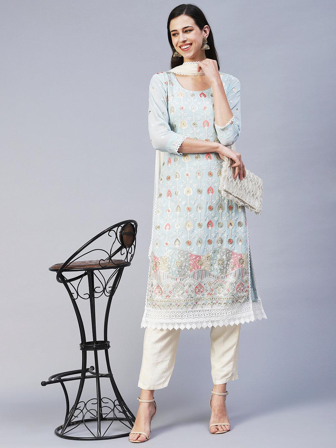 Floral Embroidered Straight Fit Kurta with Pant & Dupatta - Blue - Indiakreations