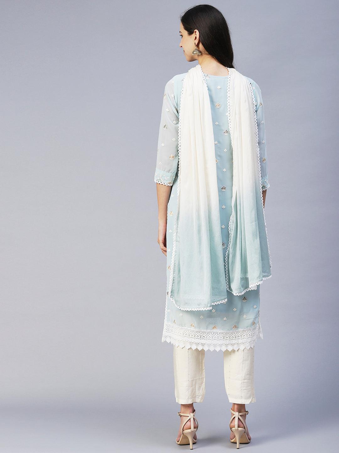 Floral Embroidered Straight Fit Kurta with Pant & Dupatta - Blue - Indiakreations