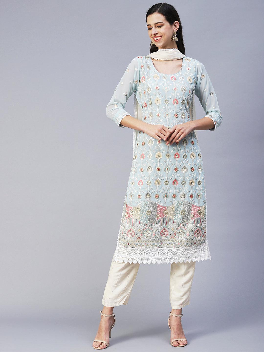 Floral Embroidered Straight Fit Kurta with Pant & Dupatta - Blue - Indiakreations