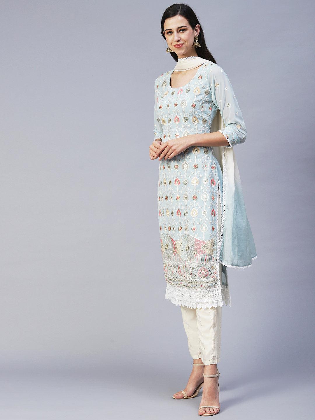 Floral Embroidered Straight Fit Kurta with Pant & Dupatta - Blue - Indiakreations