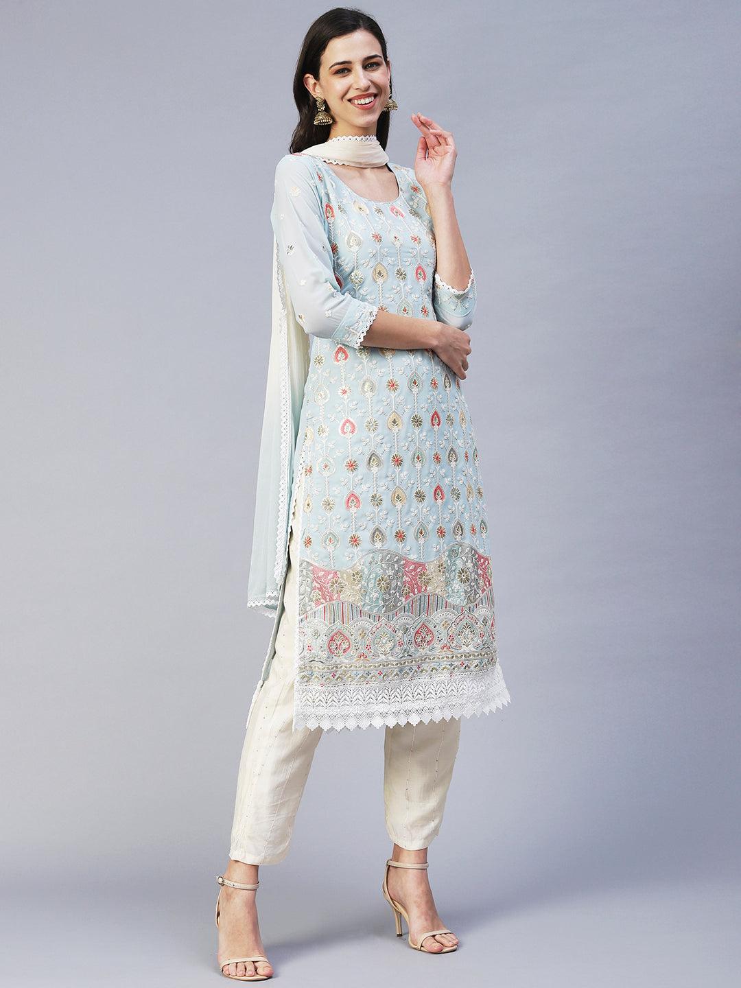 Floral Embroidered Straight Fit Kurta with Pant & Dupatta - Blue - Indiakreations