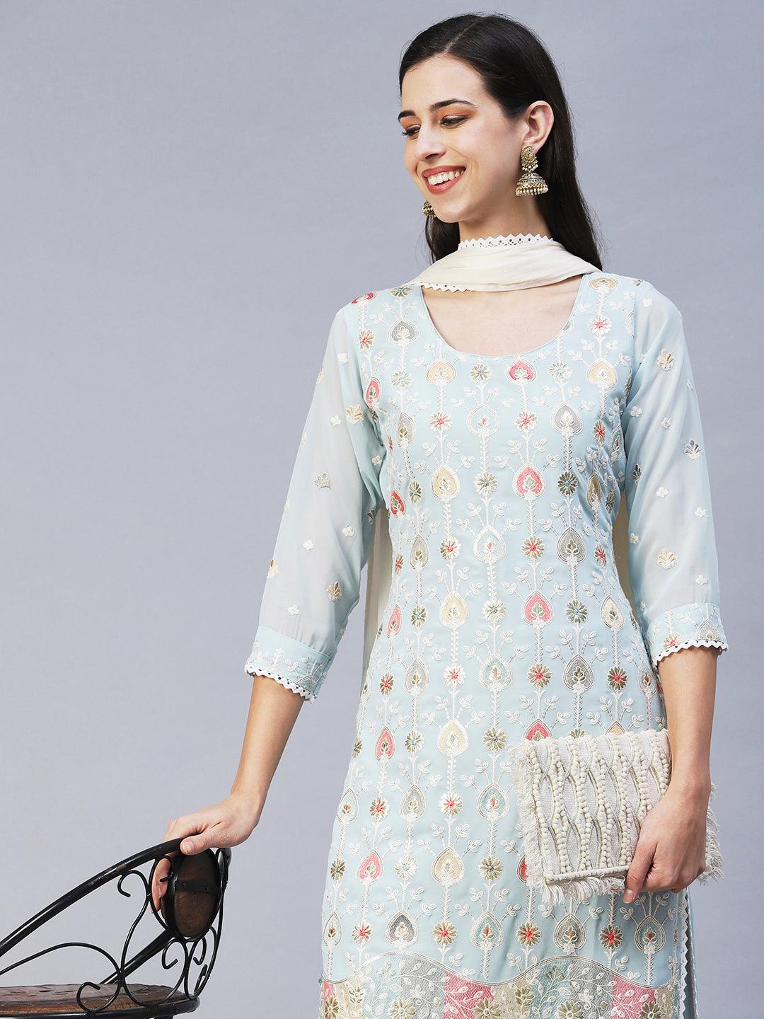 Floral Embroidered Straight Fit Kurta with Pant & Dupatta - Blue - Indiakreations