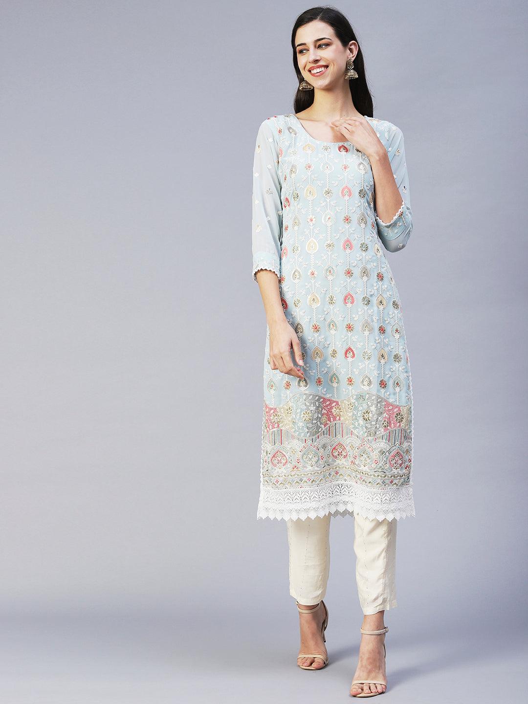 Floral Embroidered Straight Fit Kurta with Pant & Dupatta - Blue - Indiakreations